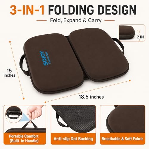 Sojoy 3-in-1 Foldable Gel Seat Cushion with Memory Foam Ergonomic Portable Cushion for Back Pain & Tailbone Relief - Perfect for Office Chair, Airplane Travel & Stadium Seats (18.5" x 15" x 2" Brown) - Image 6