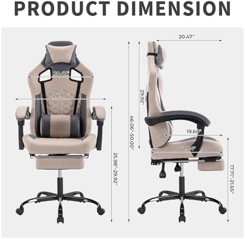 Leather Ergonomic Gaming Chair with Footrest, Comfy Grey Gaming Chair with Comfortable Headrest & Lumbar Support for Adults Kids Women Men Boys, 300 LBS Capacity (Grey) - Image 2