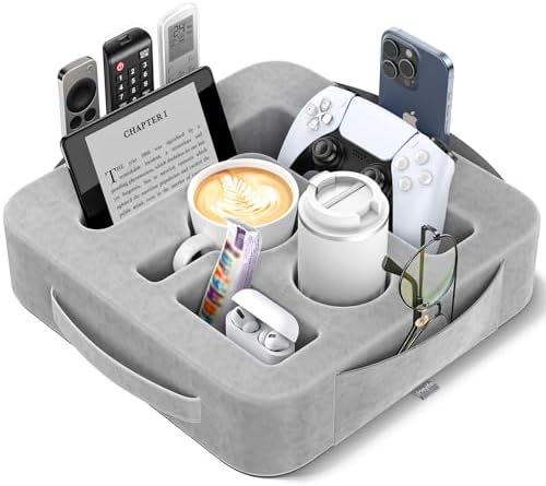 Couch Cup Holder Pillow, Sofa and Bed Caddy for iPad, Kindle, Switch, Game Controller, Remotes, Phones, Small-Sized Cup and Drink Holder for Couch, Bed, Desk, Car, Bathroom Cup Holder, Ash Gray by Unknown