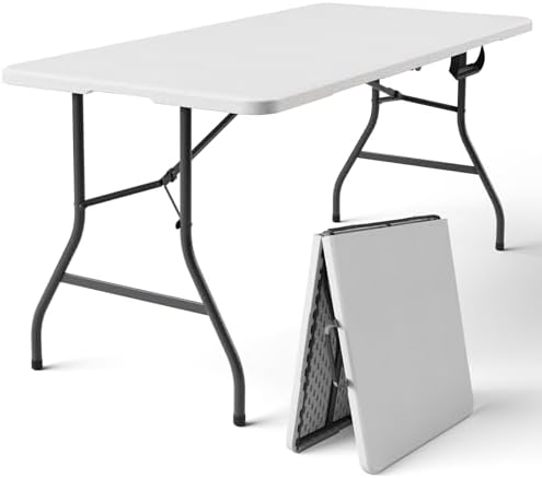 Folding Table 5FT Heavy Duty Plastic Table with Handle, Foldable&Portable, Fold-in-Half Utility Tables for Outdoor, Dining, Wedding, Events, Indoor, Picnic, Camping, Party,White by FoldingFurniture