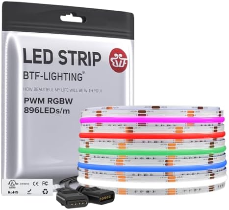 BTF-LIGHTING FCOB COB LED Strip Light,UL Listed RGBW 6000K 896LED/m High Density LED Tape Light,16.4FT DC12V 12mm Width Color Changing Light for Bedroom Home Indoor DIY Decor(No Adapter or Controller) by BTF-LIGHTING