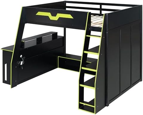 Merax Full Size Gaming Loft Bed with Desk and Multi-Storage Shelves, Space-Saving Wood Loft Bed Frame with Full-Length Guardrail for Teens Bedroom, Built-in Light Strip & Charging Station, Green - Image 5