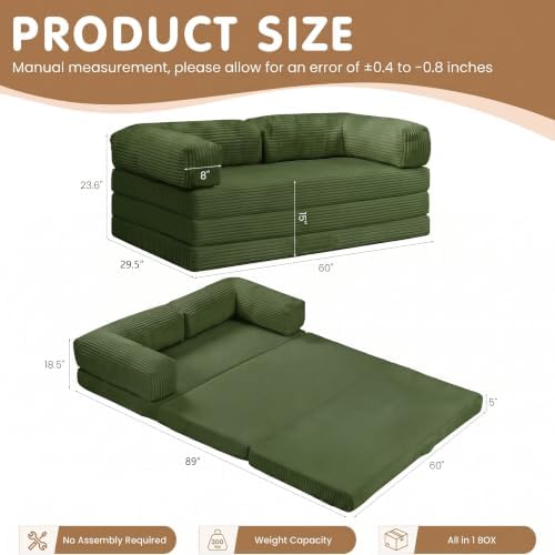 Convertible Sofa Bed Queen,5-in-1 Boneless Couch with Removable Armrests & Handle,Corduroy Futon Sleeper Sofa,Floor Folding Mattress Pull Out Bed for Small Space Apartment Living Room Bedroom,Green - Image 2