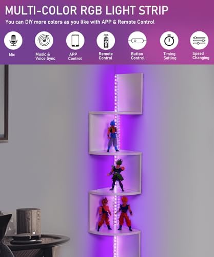 5 Tiers Corner Shelf with RGB LED Lights, 49.2" Wall Mount Floating Corner Display Shelf for Living Room Bedroom Home Office Decor, APP & Remote Control (White) - Image 4