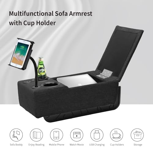 Removable Sofa Armrest with Cup Holder, PU Leather Multifunctional Couch Caddy Storage Arm Rest with Power Wireless Charging Stand & LED Reading Light for Sofa Middle Seat Adjustable - Image 5