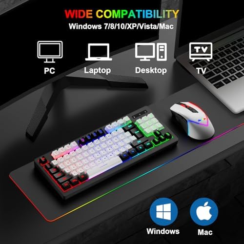 BlueFinger Wireless Gaming Keyboard and Mouse Combo, RGB Rainbow Backlit Rechargeable Battery, 87 Keys TKL Light Up Keyboard with Ergonomic Gaming Mouse for Mac Laptop Computer PC Gamer(Black & White) - Image 7