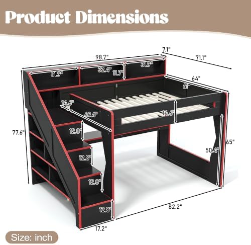 Bellemave Queen Loft Bed with Storage Stairs & Charging Station, Black Red - Image 3