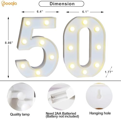Pooqla 50th Birthday Decoration for Woman Man, Decorative LED Light Up Numbers, Marquee Numbers 50 Sign for Party Backdrop 50th Wedding Anniversary Decor, Warm White and Cool White Number 50 - Image 5
