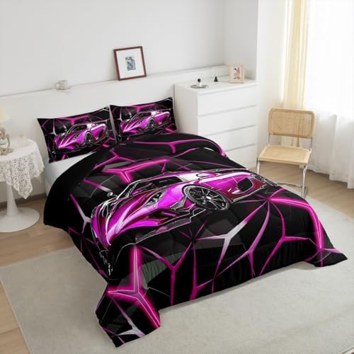 Feelyou Sports Car Comforter Set Full Size, Rose Pink Racing Car Bedding Set 3Pcs for Kids Boys Teens Bedroom Decor, Geometric Print Quilt Set with 2 Pillowcase - Image 4