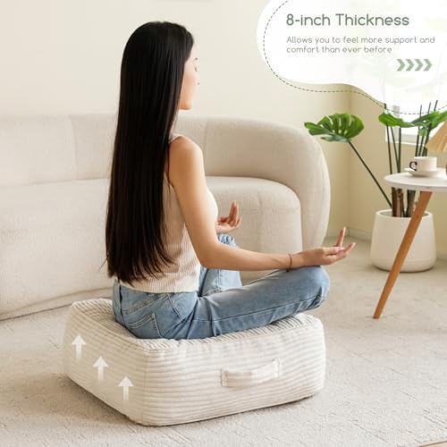 HIGOGOGO 8" Extra Thick Floor Pillow Cushion for Adults, Meditation Cushion Pillow, Large Square Floor Sitting, Tufted Corduroy Cover, for Tatami Living Room or Yoga, 22x22 Inch, Beige - Image 6