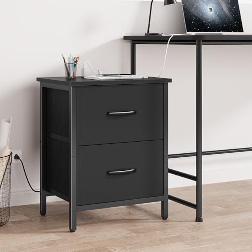 Vagusicc Nightstand with Charging Station, Bedside Table with USB Ports and Outlet, End Table Side Table with 2 Fabric Drawers for Bedroom, Living Room, Black - Image 7