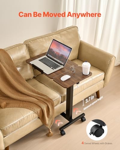VEVOR Overbed Table, Mobile Hospital Bed Table, Over Bed Table with Wheels Adjustable Height, Rolling Laptop Desk with Tilting Top & Cup Holder, Portable Over Bed Desk for Home, Office, Study, Wood - Image 6