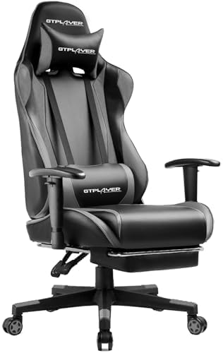 GTPLAYER Gaming Chair with Footrest, Ergonomic Computer Game Desk Chair, Reclining Game Chair Seat Height Adjustment, Swivel Rocker with Headrest and Lumbar (Grey) by GTPLAYER