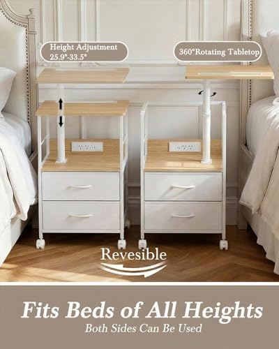 Faesun Swivel Lift Top Nightstand with Charging Station, Rolling Side Table for Recliner, Bedside Table with Wheels & 2 Fabric Drawers, for Small Spaces, for Bedroom, Living Room, Oak White - Image 3