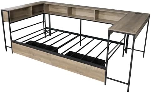 Bellemave Twin Size Corner Bed Frame with Storage Drawers, Bookcase and Side Desk, Twin Corner Bed with Light and Charging Station, Daybed for Bedroom, Living Room, Guest Room Gray - Image 6