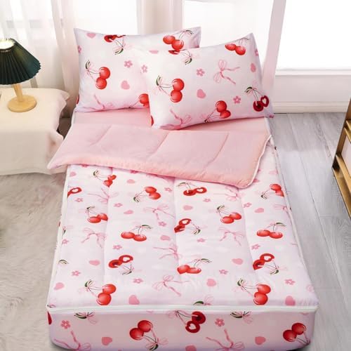 A Nice Night Zipper Bedding for Girls Chic Bow Comforter Set, Cherry Flower Printed Ribbon Bowknot Kids Bedding Set,Twin Size by ANICENIGHT
