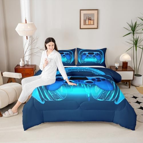 Gamer Comforter Set King Size,Blue Headphones Musical Design Games Gamepad Bedding Set for Kids Boys Video Game Room Decor Retro Playing Gamer Down Comforter Gaming Controller Quilted Duvet Set - Image 5