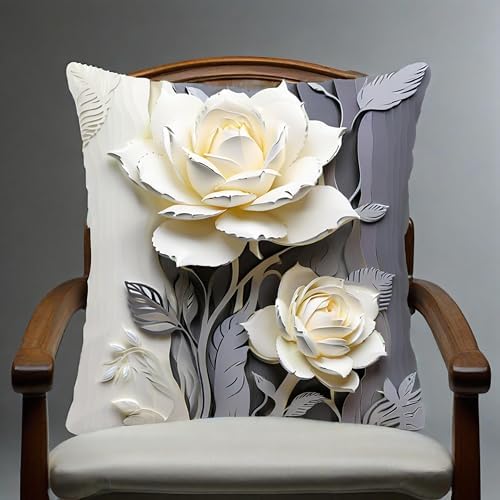 2D Flat, 2pcs Elegant White Rose Linen Throw Pillow CoverDecorative, White and Gray Rose Design, Elegant Home Decor Cushion Case，18x18 Pillows Linen Pillowcase - Image 5