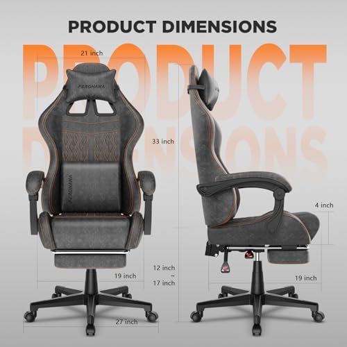 Ferghana Vintage PU Leather Gaming Chair, Ergonomic Gamer Chair with Massage, High Back Computer Office Chair with Footrest for Adults, Racing Style Reclining Video Game Chair (Grey) - Image 3
