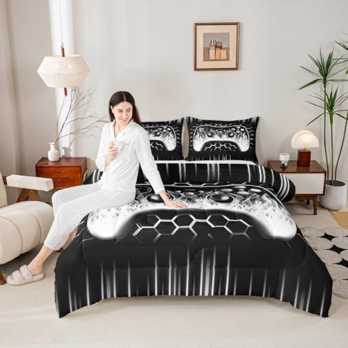 Erosebridal Ombre Art Honeycomb Gamer Bedding Set Grey Neon Lights Game Console Boys Bedding Full Size Geometric Hexagon Beehive Down Comforter Gaming Decor for Boys Bedroom Decor - Image 5