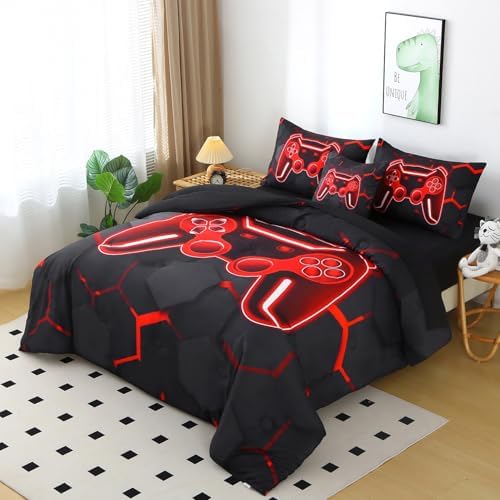 6 Pieces Kids Gaming Bedding Set Black and Red Twin Comforter Set for Boys 3D Video Game Teen Boy Bed in A Bag Honeycomb Gamer Comforter and Sheet Set (Black Red, Twin) - Image 2