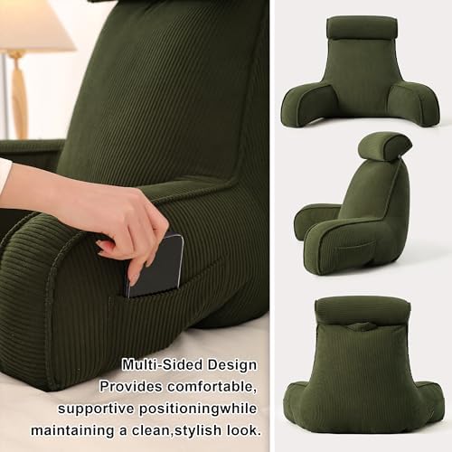 Corduroy Reading Pillow, Backrest Pillow for Sitting Up in Bed, Bed Rest Back Support Cushion for Daybed Sofa Couch, Lounge Pillow with Arms, Side Pockets & Washable Cover, Avocado Green - Image 4
