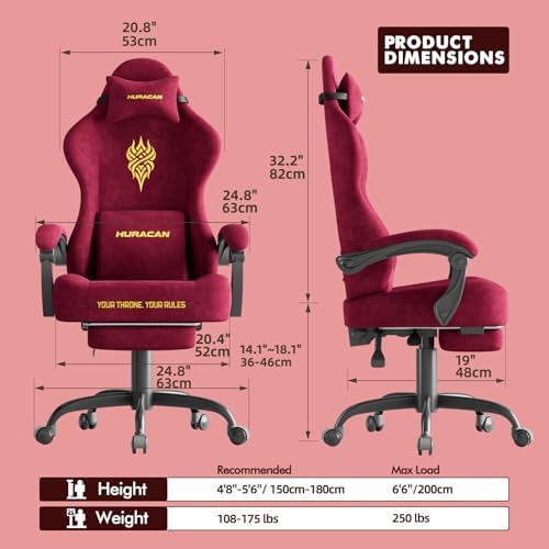 Ferghana Velvet Fabric Gaming Chair - 20.5″ Wider Seat Cushion, Fire Embroidery, Ergonomic High Back Game Chair with Footrest | Computer Chair with Massage Lumbar Support for Adult, Red - Image 3