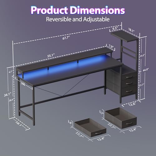 68" Reversible Gaming Desk with Drawers, Large Computer Desk, Black - Image 2