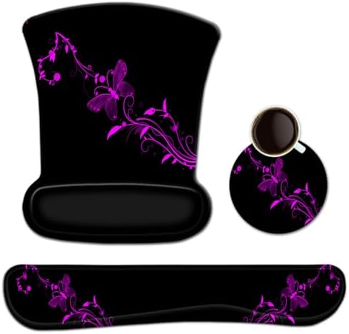 RICHEN Keyboard Wrist Rest Pad and Mouse Wrist Rest Support Mouse Pad Set,Durable & Comfortable & Lightweight for Easy Typing & Pain Relief-Ergonomic Support (Purple Butterfly) by RICHEN