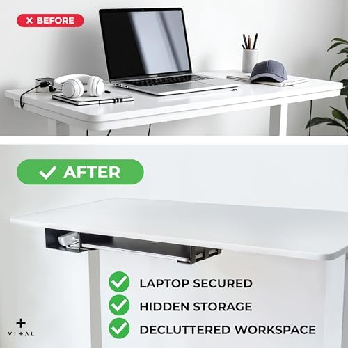 VI+AL Under Desk Laptop Mount - Hidden Metal Shelf with Side Storage - Installs with Tape & Screws - Fits Devices up to 1.7" Thick - Standard (No Hook or Cable Organizer) - Image 2
