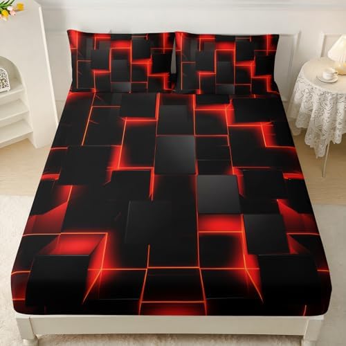 HOSIMA Red Black Geometric Queen Bedding Sets,1 Fitted Sheet+2 Pillowcases. - Image 2