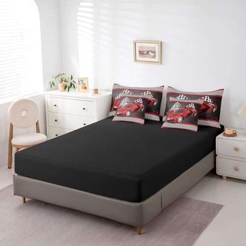 Feelyou Race Car Queen Comforter Set with Sheets for Kids Boys Black White - Image 5