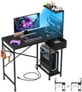 33.7 Inch Small Gaming Desk Table with LED Lights & Power Outlets, Compact L Shaped Gaming Computer Desk with CPU Stand, Drawer & Storage, Corner PC Desk for Kids, Home Office , Bedroom, Black by Jakyitvi