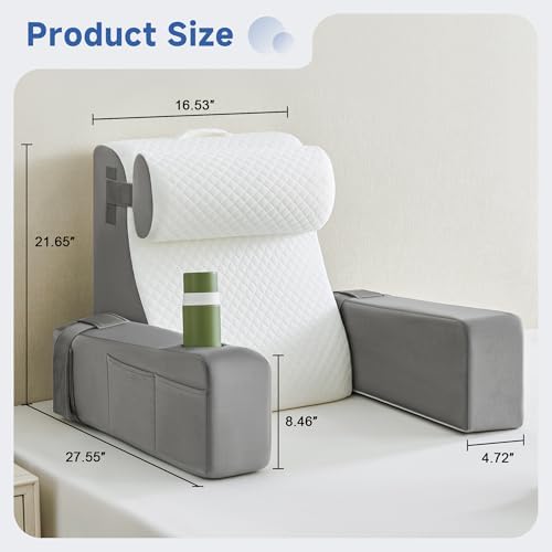 Reading Pillow for Bed, Back Pillow for Bed Sitting Up, Bed Pillows for Sitting Up with Adjustable Armrests, Cup Holder & Large Pocket, Backrest Cushion for Reading, Watching TV (WhiteGray, 4PCS) - Image 2