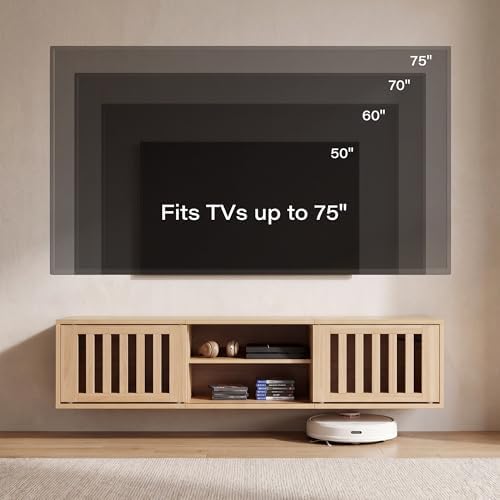 59" Floating TV Stand Wall Mounted with Power Outlet, Natural - Image 3