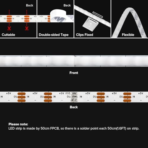 BTF-LIGHTING FCOB COB WS2812B IC RGB LED Strip DC5V 3.2FT 160LED 5mm IP30 - Image 5