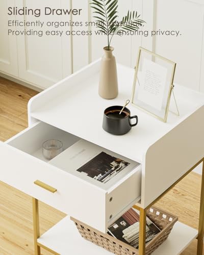 Masupu Nightstand, 3-Tier Modern Bedside Night Stand with Storage Drawer and Shelf, Large End Side Table for Bedroom, Living Room, White - Image 4