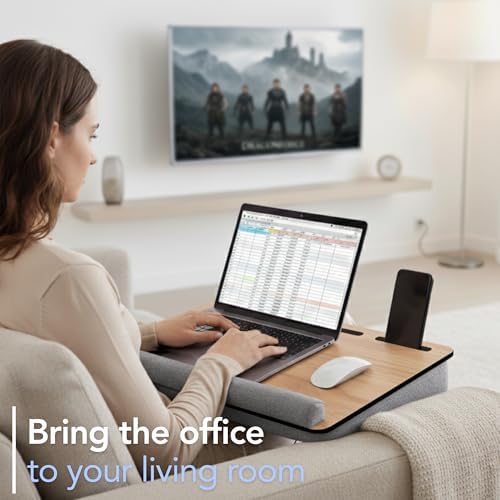 Vigo Wood Laptop Lap Desk with Cushion for Bed, Portable Home Office Tray Fits up to 17.3 Inch, Built-in Phone and Tablet Holder (Oak-Gray) - Image 5