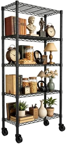 REGILLER 5-Wire Shelving Metal Storage Rack Adjustable Shelves,Standing Storage Shelf Units for Laundry Bathroom Kitchen Pantry Closet(Black,14.1" D x 30" W x 82" H,With Wheels) - Image 4