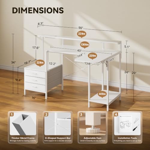HLDIRECT 55 Inch Computer Desk with Drawers for Home Office, White - Image 2