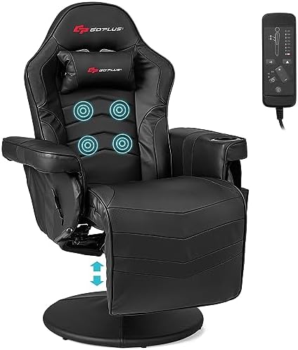 Goplus Gaming Chair, Height Adjustable Massage Video Game Chair with Retractable Footrest, Cup Holder, Headrest, Swivel Office Chair, Racing Style Swivel Gamer Chair (Black) by Goplus