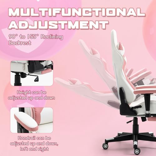 ECOTOUGE Pink-White Ergonomic High Back PC Gaming Chair with Footrest | Reclining Racing PU Leather, Adjustable Height, 360° Swivel, Sturdy Base, Headrest, Lumbar Pillow, for Girls, Women, Office - Image 5