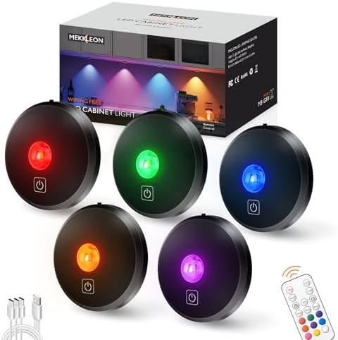 RGB Puck Lights with Remote Control, 2000mAh Rechargeable Stick on Led Lights, 9 Colors & 2 Dynamic, Tap Light with Timing,Under Cabinet Lighting for Closet,Kitchen,Cabinet,Shelf(Black, 5 Pack) by MEKKLEON