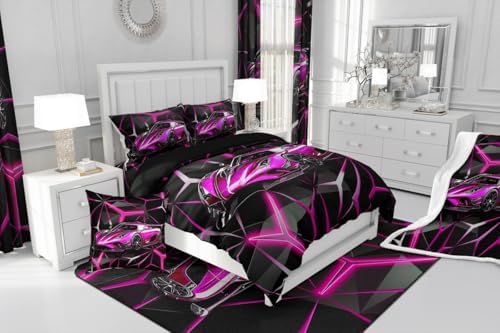 Feelyou Sports Car Comforter Set Full Size, Rose Pink Racing Car Bedding Set 3Pcs for Kids Boys Teens Bedroom Decor, Geometric Print Quilt Set with 2 Pillowcase - Image 7