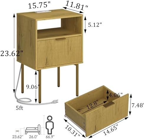 JOONEE Nightstand with Charging Station, Bedside Table with Storage Drawer, Fluted Side Table for Living Room, Bedroom - Image 2
