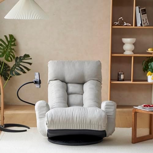 360° Swivel Floor Gaming Chair Linen Folding Chaise Lounge Chair Adjustable Cozy Sofa Chair with Armrests, Phone Holder & Padded Cushion, Ideal for Living Room, Bedroom (Grey) by GOAWGO
