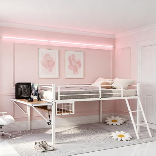 Bellemave Full Loft Bed with Desk, Gaming mid loft Bed with Desk, LED for Adults, Teens, Kids, White by Bellemave