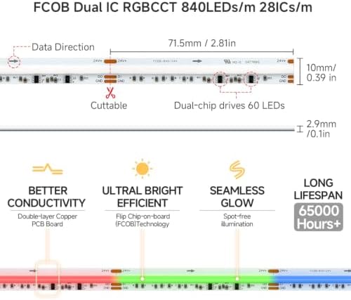 BTF-LIGHTING 9.8FT WS2811 Dual IC Chasing RGBCCT DC24V COB LED Strip IP66 - Image 6