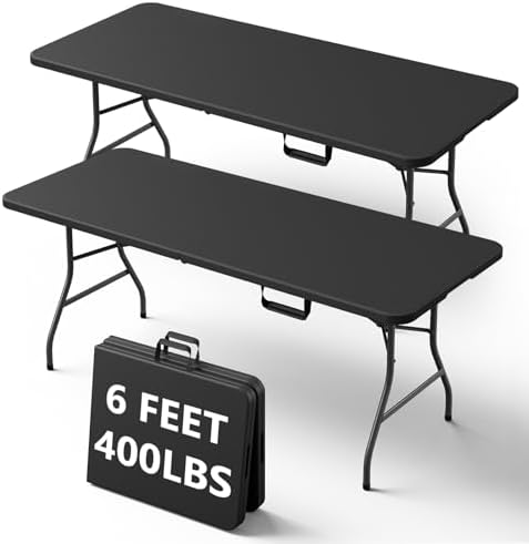 6FT Folding Table, Heavy Duty Plastic Fold-in-Half Utility Table with Handle, Portable Camping Picnic Table with Steel Legs for Indoor Outdoor Party, Dining, Black,2 Pack by FoldingFurniture