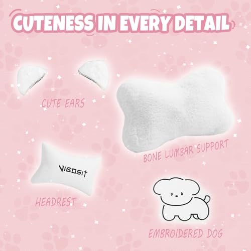 Vigosit White Dog Gaming Chair - Kawaii Design for Competitive Gamers & Adults, Ergonomic High Back with Lumbar Support, 310lbs Capacity - Image 4